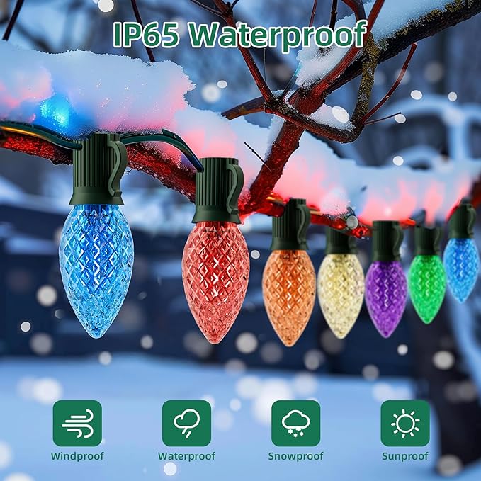 50Ft C9 Multicolor Christmas Lights Outdoor - 50 Colored LED Bulbs, Vintage String for Holiday, Xmas, Roofline, Wedding, Tree Decoration - Green Wire
