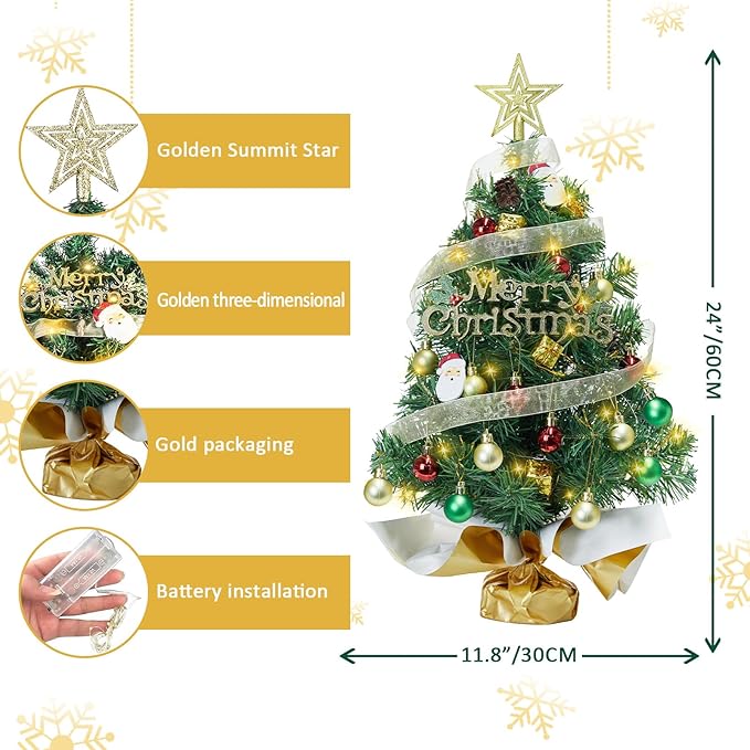 Small Mini Christmas Tree with 50 LED Lights 24 Inch /2FT Tabletop Prelit Artificial Christmas Tree Decorated Gift Boxes and Hanging Ornaments for DIY Christmas Decoration