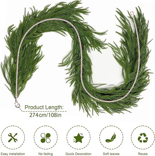 9FT Norfolk Pine Garland Christmas Dense Winter Pine Garland Green Artificial Faux Greenery Real Touch Garlands for Mantle, Wall, Table, Home Xmas Holiday Decor (1)
