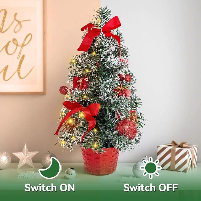 Tabletop Christmas Tree 11.81Inches Mini Artificial Christmas Tree with LED String Lights, Tabletop Small Xmas Tree for Holiday Indoor Christmas Decorations Red