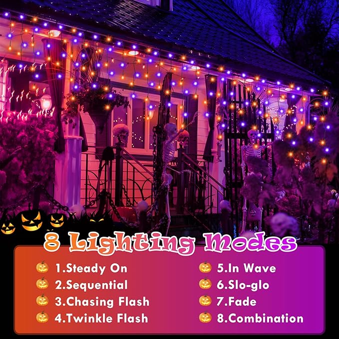 Heceltt Halloween Lights Outdoor Decorations, 640 LED 66FT Orange and Purple Light, 8 Modes Plug in 120 Drops Ice String Lights with Timer Memory Function Hanging Light for Halloween Party Decor