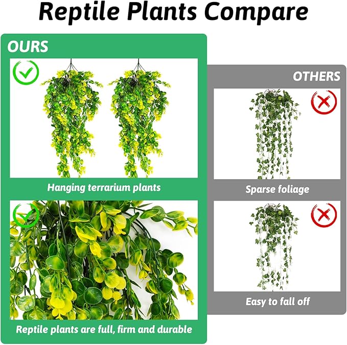 Hamiledyi 6 PCS Reptile Plants Hanging Terrarium Plants Artificial Leaves Habitat Decorations with Suction Cup Green and Yellow Fake Amphibian Plants for Bearded Dragon Lizard Geckos Chameleon