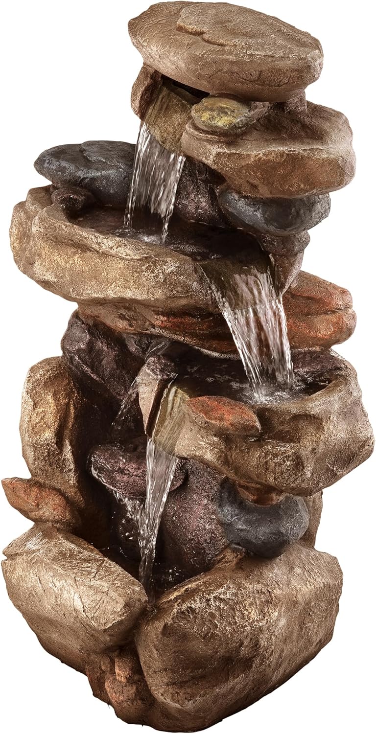 Alpine Corporation WIN315 40" Floor Fountain – Tiered Brown Rock Water Feature with Color-Changing LED & Remote – Cascading Streams for a Tranquil Garden, Patio, Yard, Deck, or Porch, Light Brown