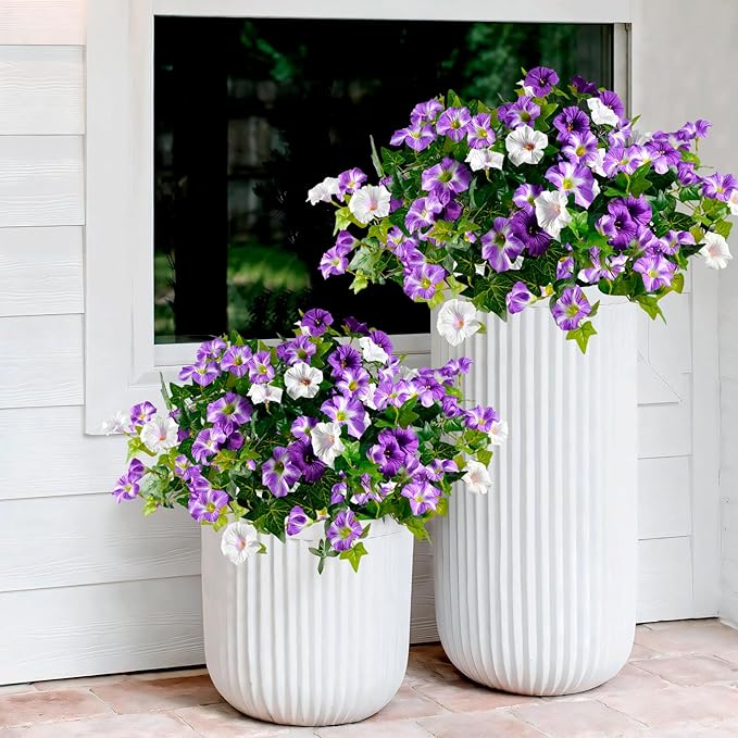 Artificial Flowers for Outdoors 2 Pack UV Resistant Petunias with Real Touch Plastic Leaves, Faux Flowers for Outdoor Planters, Silk Flowers for Outside Garden Porch Window Patio Home Decor, Purple