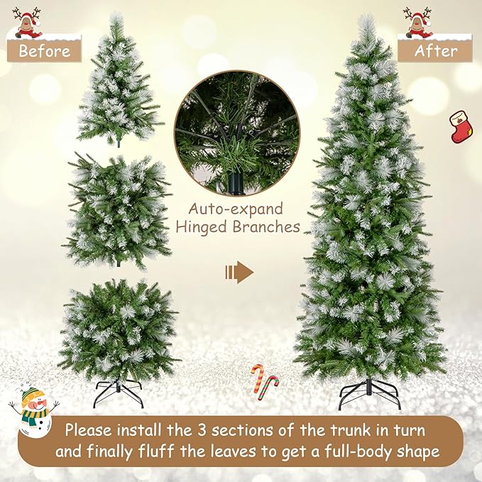 GOFLAME 6 FT Pre-Lit Pencil Christmas Tree Snow Flocked, Slim Artificial Xmas Tree with 580 Branch Tips, 280 Warm White LED Lights, Holiday Decoration Tree for Home Party Office