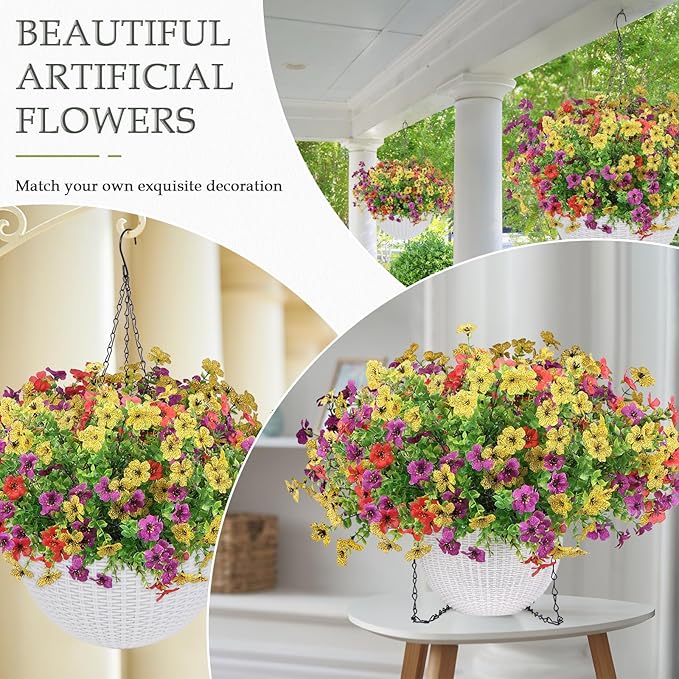 2 Sets of Artificial Hanging Plants Flowers Basket for Outdoor, 2 Sets Dry and Wet Separation Hanging Baskets, Suitable for Spring Summer Porches, Terraces, Courtyard Home Decoration