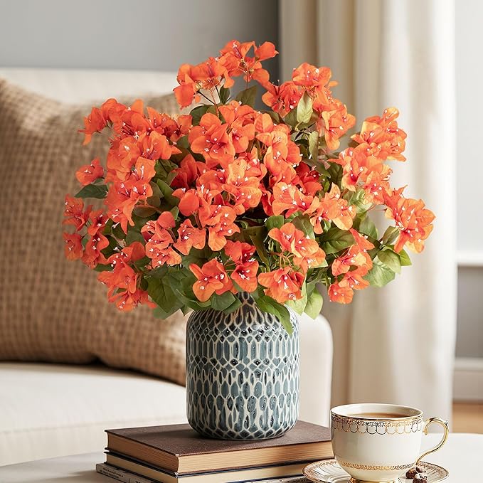 Bougainvillea Artificial Flowers Bougainvillea Outdoor Artificial Plants Faux Flowers with Stems Silk Flowers for Wedding Porch Living Garden Decor(4PCS,Orange)
