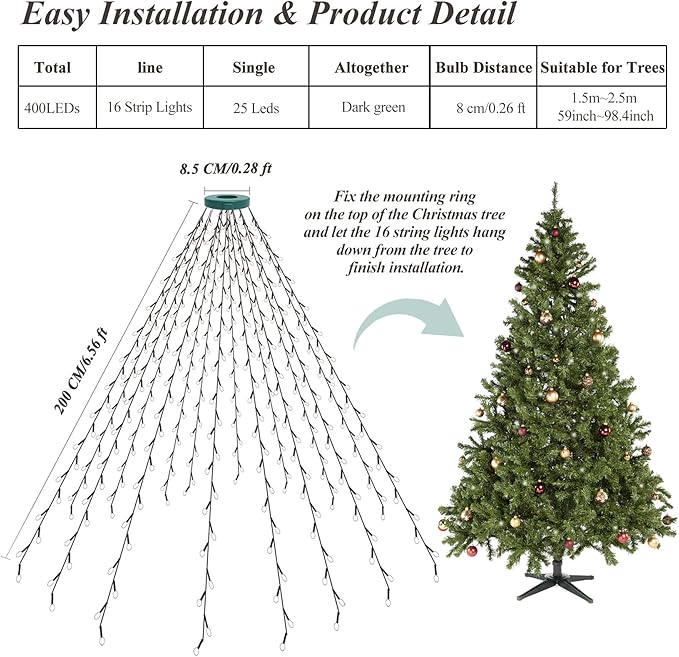 aneeway 400 LED Christmas Tree Lights, Christmas Lights with 8 Light Modes & Memory Function, 6.6FT x 16 String Light with Timing Function & Remote Control for Xmas Ornaments - Multicolor