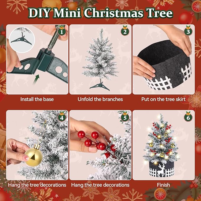 2FT Snow Flocked Mini Christmas Tree with Lights, Pre-Lit Small Christmas Tree for Home, Artificial Xmas Tree for Office, Shop, Bar, Party, Indoor Outdoor Decoration (Battery Not Included)