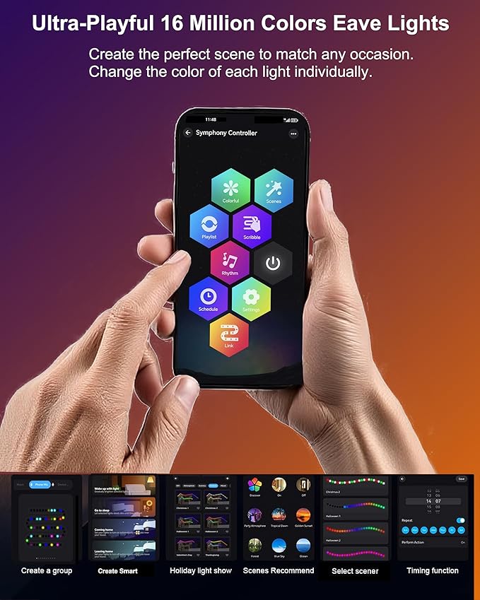 RGBCW Permanent Outdoor Lights,108 Scene Modes Smart Outdoor Christmas Lights with Voice Remote APP Control, IP68 LED Eaves Lighting for Halloween Party, Daily Garden Decor (120LED 200FT)