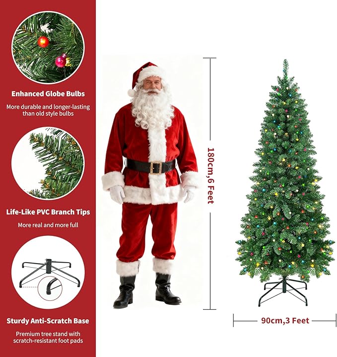 6FT Christmas Tree LED Bulbs Pre-Lit, Premium Artificial Christmas Tree with Lights, Decorated Xmas Tree with Tripod Stands for Indoor Home Office Party Holiday Decoration, ETL Listed