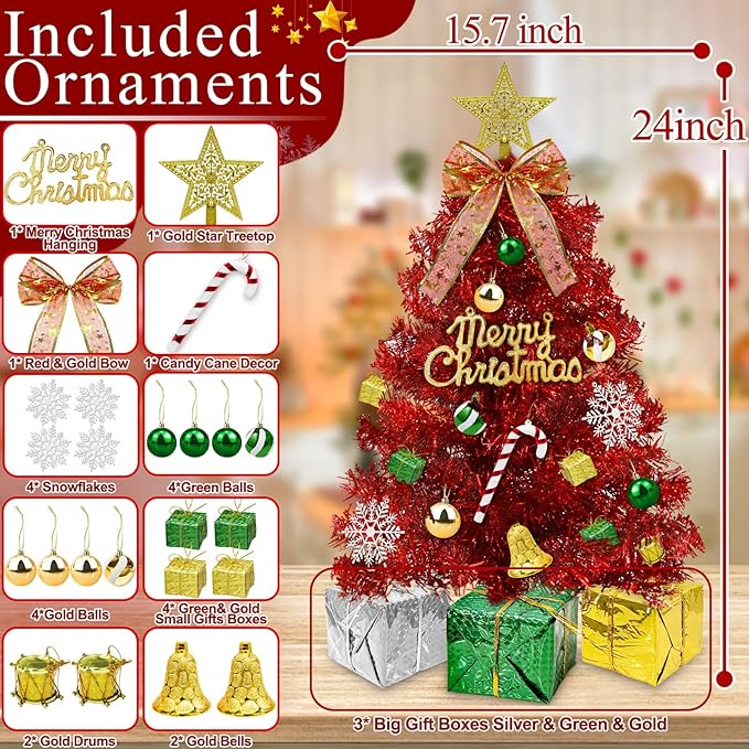 Dual Color Change&Remote Control 24 Inch/2FT Red Tabletop Christmas Tree with Lights Timer, 20 LED Warm White&Colored Lights 8 Modes 27 Orantments Star Boxes Mini Small Xmas Tree Home Holiday Decor