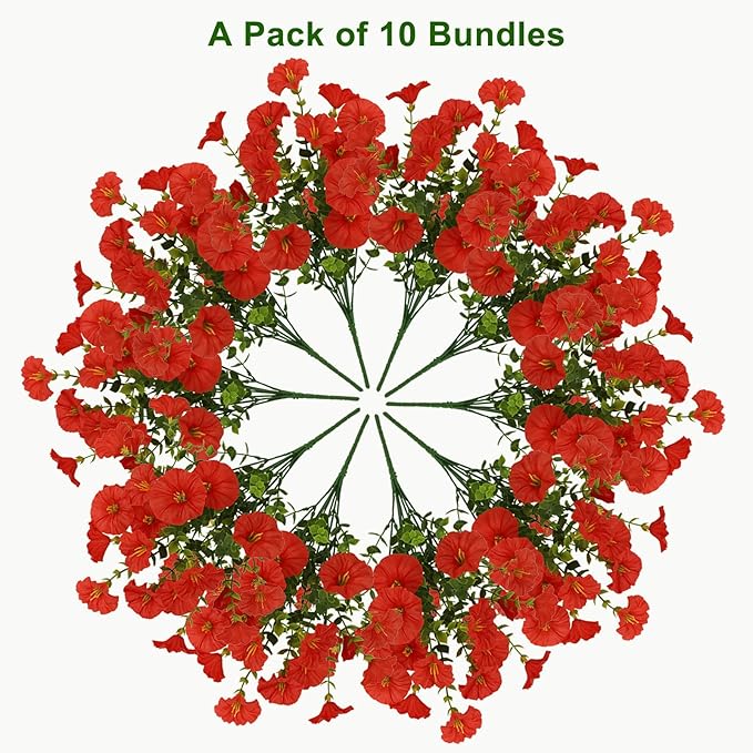 10 Bundles Artificial Flowers for Outdoor,UV Resistant Fake Petunia Flowers,Faux Plants for Outside Hanging Planters,Artificial Plants for Indoor Porch Garden Home Wedding Decor(Red)