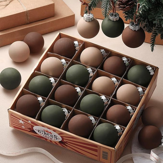 24 Pcs Neutral Matte Christmas Ball Ornaments 2.4 Inch Rustic Boho Brown Green Tan Xmas Bulbs Ornament Vintage Xmas Baubles Modern Christmas Decor for Tree Farmhouse Decor