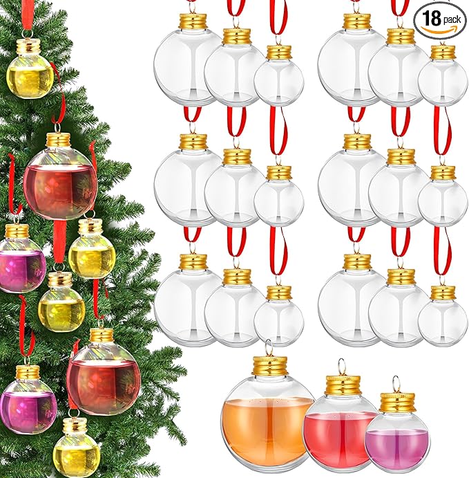 Patelai 18 Pcs Christmas Drink Balls Clear Shot Glass Ornaments Xmas Tree Fillable Ornaments Plastic Xmas Water Bottle Bulbs for Holiday Party Decorations(Round,50,100,150 ml)