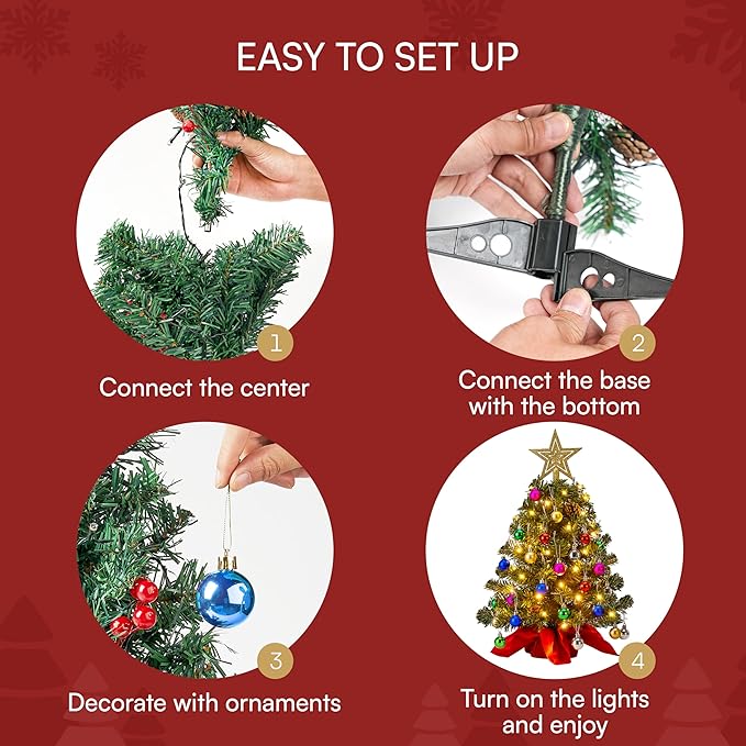 Joiedomi 24"/2FT Prelit Tabletop Christmas Tree with Warm Lights, Holly Berries, Pine Cones for Best Holiday Season Decorations Christmas Decoration Tree Decor for Indoor Xmas Tabletop Decor