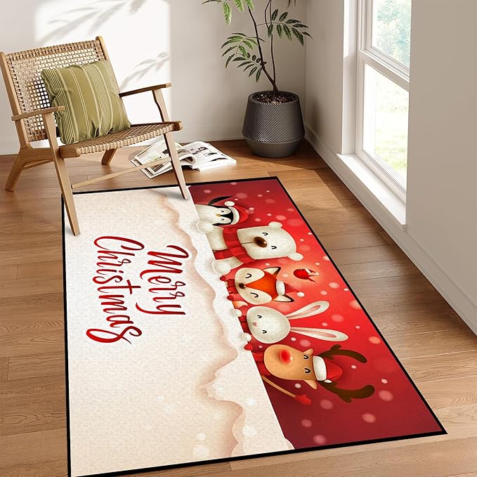 Merry Christmas Rug,Christmas Trees Decorative Indoor Bedroom Xmas Winter Welcome Door Mat Anti-Slip Rubber Area Rug for Seasonal Holiday Decoration,63" X 31"