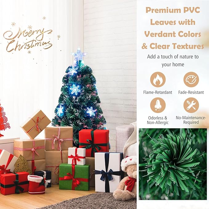 Goplus 3ft Pre-Lit Fiber Optic Christmas Tree for Tabletop, Small Mini Artificial Xmas Full Tree with Colorful Snowflake LED Lights, 85 Branch Tips, for Office Home Holiday Decor