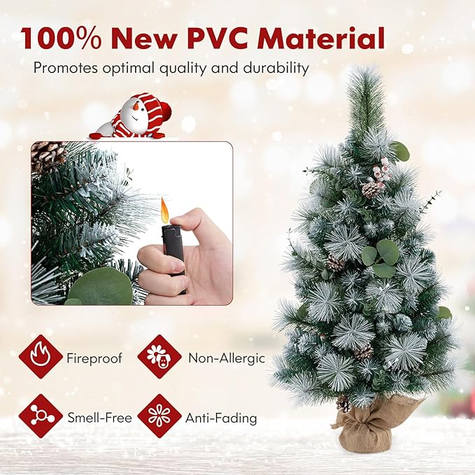 HAPPYGRILL 3 FT Tabletop Artificial Christmas Tree with 98 Branch Tips, Pine Needles, Pine Cones, White Berries, Green Xmas Tree with 30 Warm White LED Lights, Auto Timer & Cement-Filled Base