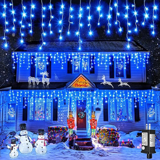 Icicle Christmas Lights Outdoor, 33 FT 400 LED Icicle Lights for Outside 8 Modes with 75 Drops, Plug in Waterproof Hanging Christmas Light for Holiday Pavilion Balcony Decorations, Blue
