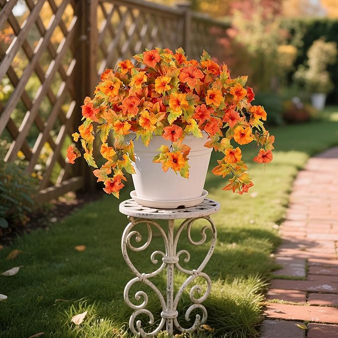 Artificial Fall Flowers Fake Petunias Plants for Outdoor Decoration, 2 Pcs Silk Faux Flowers UV Resistant No Fade Plants for Outside Garden Balcony Yard Porch Realistic Indoor Decor (Orange)
