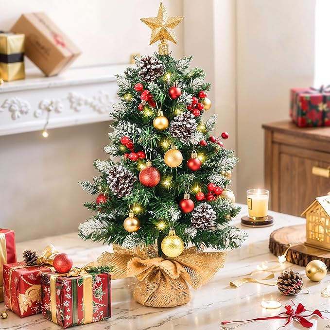 Mini Christmas Tree with Lights, 24 Inch Tabletop Christmas Tree with Berries Star Treetop Ornaments Balls Artificial Small XMS Tree for Table Desk Home Christmas Holiday Decor