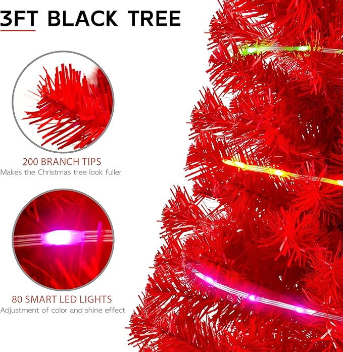 Red 3ft Christmas Tree with Lights, Small 36inch Artificial Tree Mini Table Top Decorations, Xmas Desk Tree with 80 Colored Lights, 200 Branch, Holiday Decor for Home,Indoor Office Tabletop