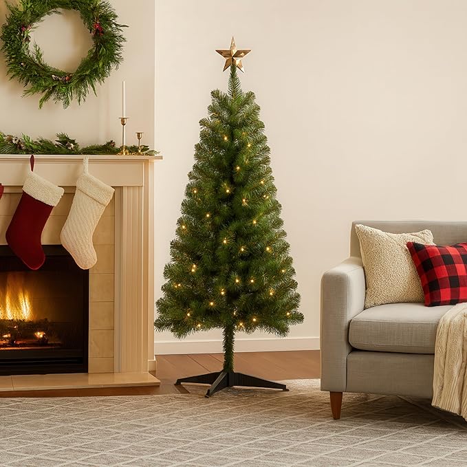 4ft Prelit Christmas Tree with 75 Warm White LEDs – 225 Tips, Hinged Branches, Plastic Stand – Small 4 Foot Christmas Tree for Bedroom, Office, Apartment Holiday Decor