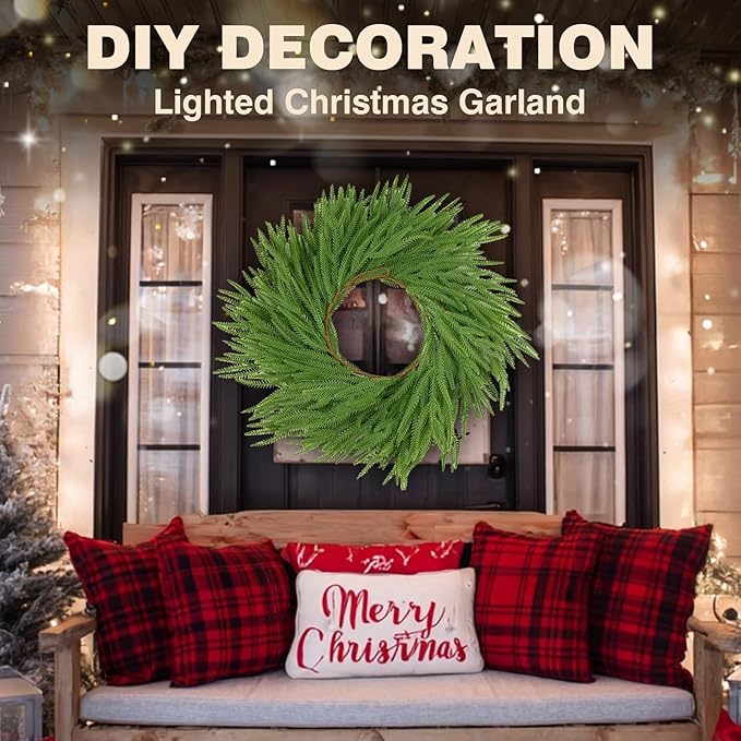 2Pcs 6FT Christmas Norfolk Pine Garlands,Real Touch Garland, Faux Greenery Garland for Fireplace Mantle Indoor Outdoor Holiday Party Home Decor（2-Pack）