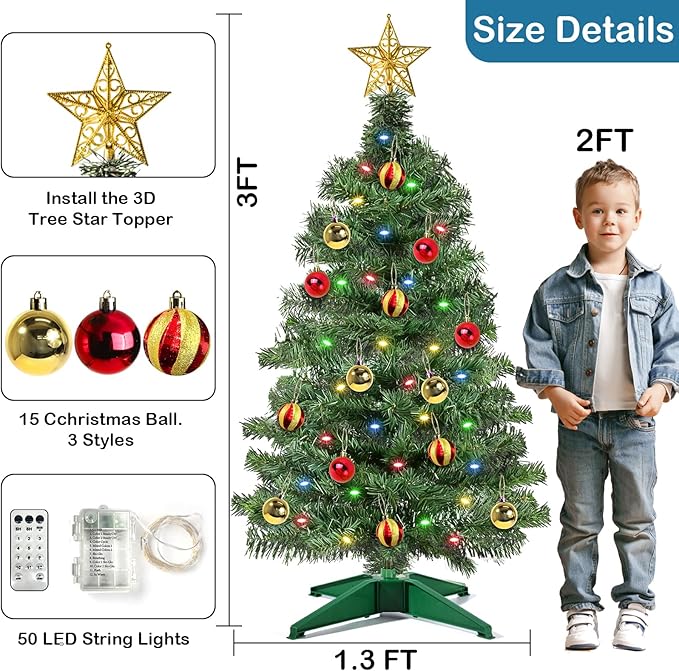 [ Timer & 12 Modes ] 3 Ft Green PVC Christmas Tree with 50 Multi Color Lights DIY 15 Ball Ornaments 3D Star Small Artificial Xmas Tree for Indoor Holiday Party Decorations