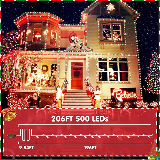 XURISEN Christmas Lights Outdoor 197FT 500 LED Green Wire String Lights 8 Modes with Timer Memory Waterproof Fairy Light Plug in for Xmas Tree Wedding Yard Party Holiday Decorations(Red+Green+White)