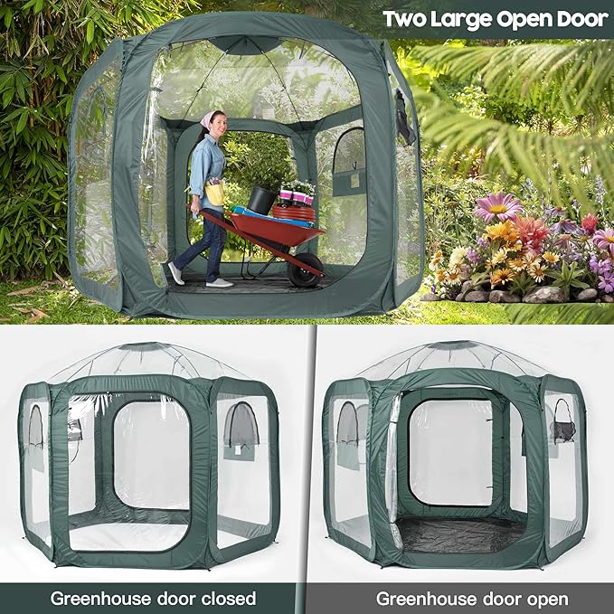 Porayhut Pop up Greenhouse Tent,Portable Large Walk-in Plant House 10’X10’ ,Indoor Outdoor Gardening Plant Sunshine Room with PVC Mesh Cloth Cover for Protecting Plant from Cold Frost & Birds