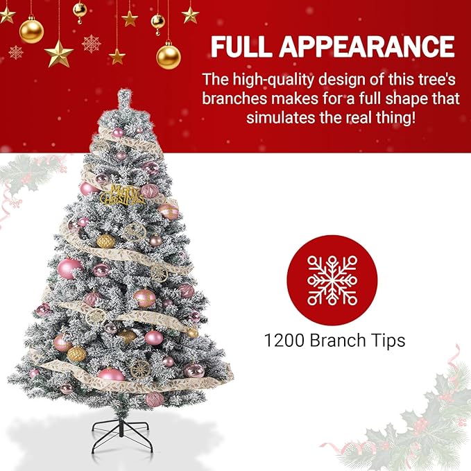 7FT Green Artificial Christmas Tree with 1200 Realistic Branch, Flocked Full Xmas Tree with Foldable Stand, Easy Assembly Hinged Pine Tree for Home, Shop, Office, Party Holiday Decoration