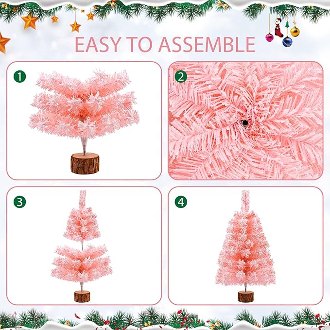 2Ft Artificial Christmas Tree Pink Tabletop Christmas Tree with Snow Flocked Mini Xmas Pine Tree with Wooden Stand for Indoor Outdoor Holiday Home Decoration