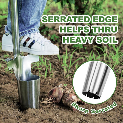 Long Handled Bulb Planter Tool, 37'' Bend-Proof Stainless Steel Bulb Planter, 4'' Depth Marks Long Handled Hole Digger, Bulb Planter with Comfortable T-Shaped Long Wood Handle for Planting Tulips