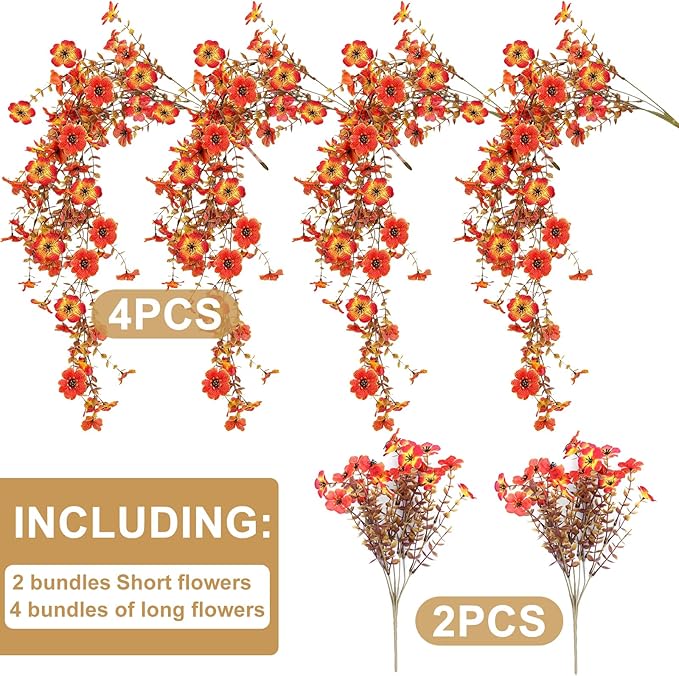 Outdoor Artificial Fall Flowers 6PCS, All Weather Fade Proof, UV Resistant Waterproof Realistic Faux Silk Mums Daisies Orange & Sunset Red for Hanging Planters Porch Patio Balcony Deck & Garden Decor