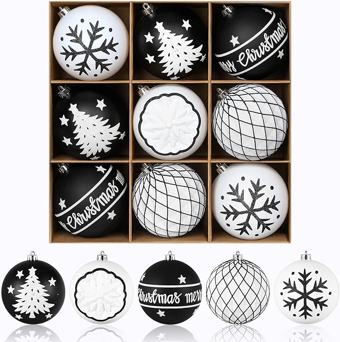 SHareconn 100MM/4 Inch 9PCS Large Christmas Balls Ornaments, Shatterproof Plastic Hanging Big Baubles Set for Xmas Tree Decoration Holiday Party Wedding Decorations with Hook,Black and White