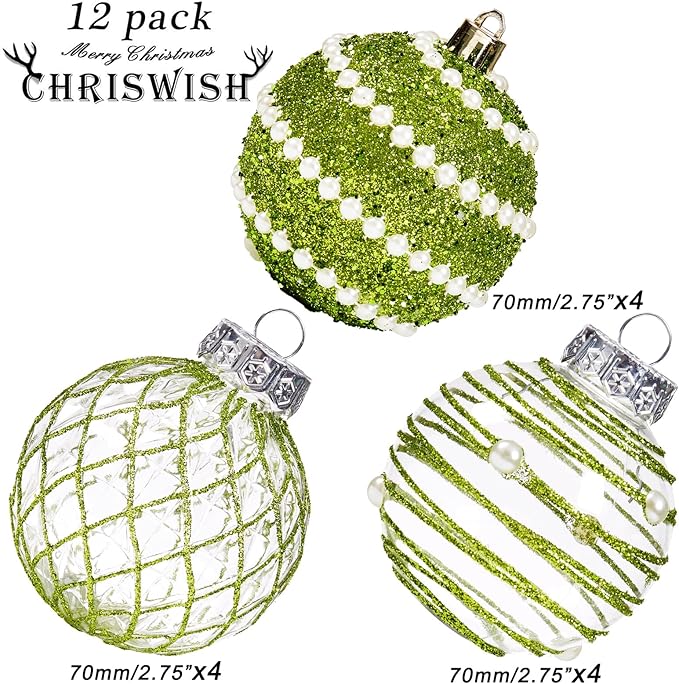 12CT Christmas Ball Ornaments Green Shatterproof Clear Large Plastic Christmas Tree Decoration, Delicate Hanging Ornaments for Xmas Party, Wedding, Holiday and Home Décor(70mm/2.76")