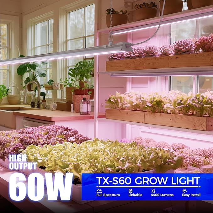 Barrina TX-S60 4FT Grow Light for Indoor Plants, 60W(420W Equivalent), Full Spectrum, High PPFD, Super Bright, Linkable, Grow Lights for Seed Starting, Greenhouse, Vegetables with On/Off Switch 1 Pack