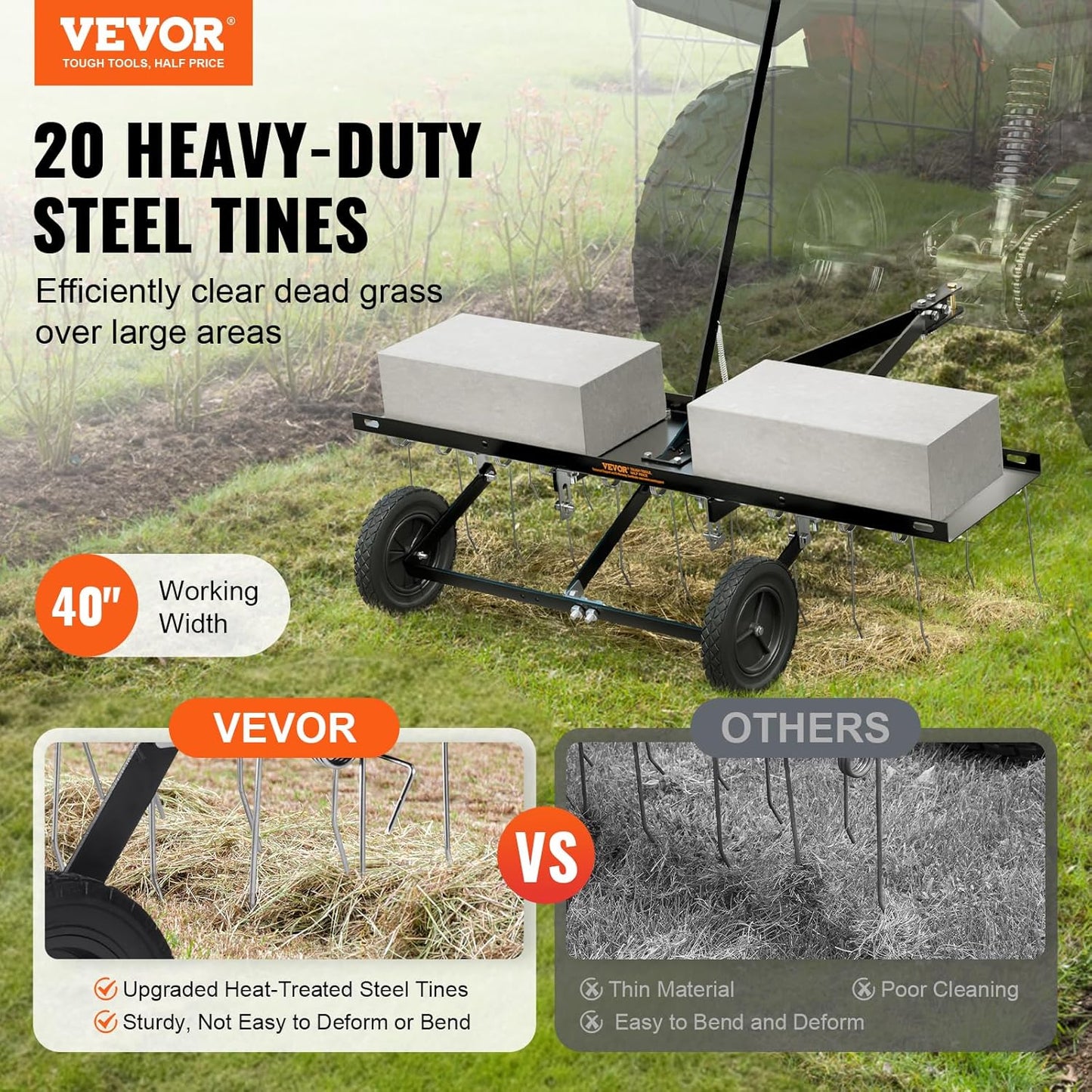 VEVOR Tow Behind Dethatcher, 40-inch Tow Dethatcher with 20 Spring Steel Tines, Lawn Dethatcher Rake for ATV or Mower, Tow Behind Lawn Rake with Lift Handle for Garden Farm Grass