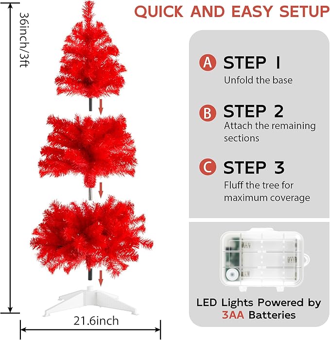 Red 3ft Christmas Tree with Lights, Small 36inch Artificial Tree Mini Table Top Decorations, Xmas Desk Tree with 80 Colored Lights, 200 Branch, Holiday Decor for Home,Indoor Office Tabletop