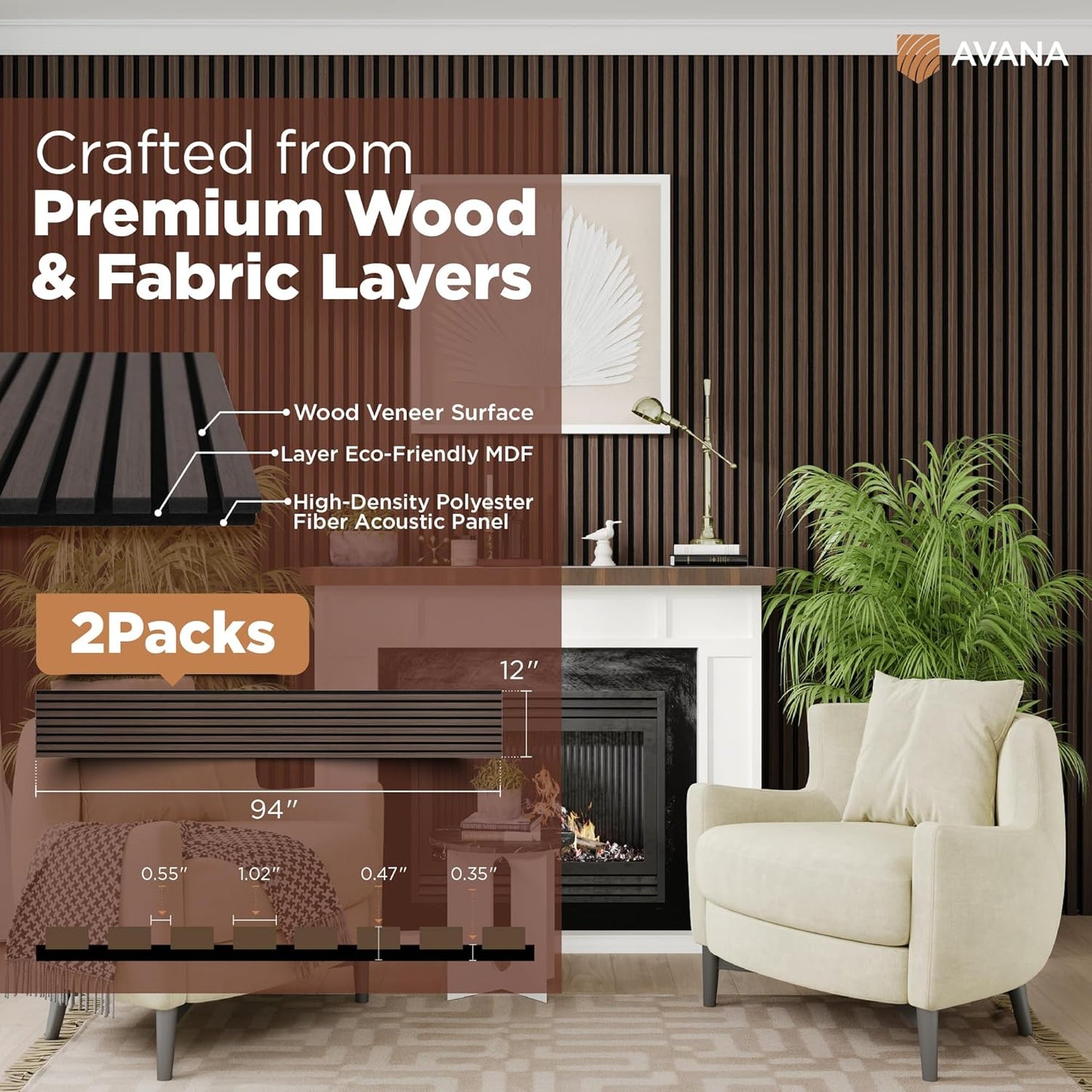 Avana Acoustic Wood Wall Panels – 94.4 x 12.6 Inch Dark Walnut Acoustic Panels 2 PCs – Wall Panels For Interior Wall Decor for Homes, Offices, Studios – Aesthetically Pleasing Wood Panels For Wall