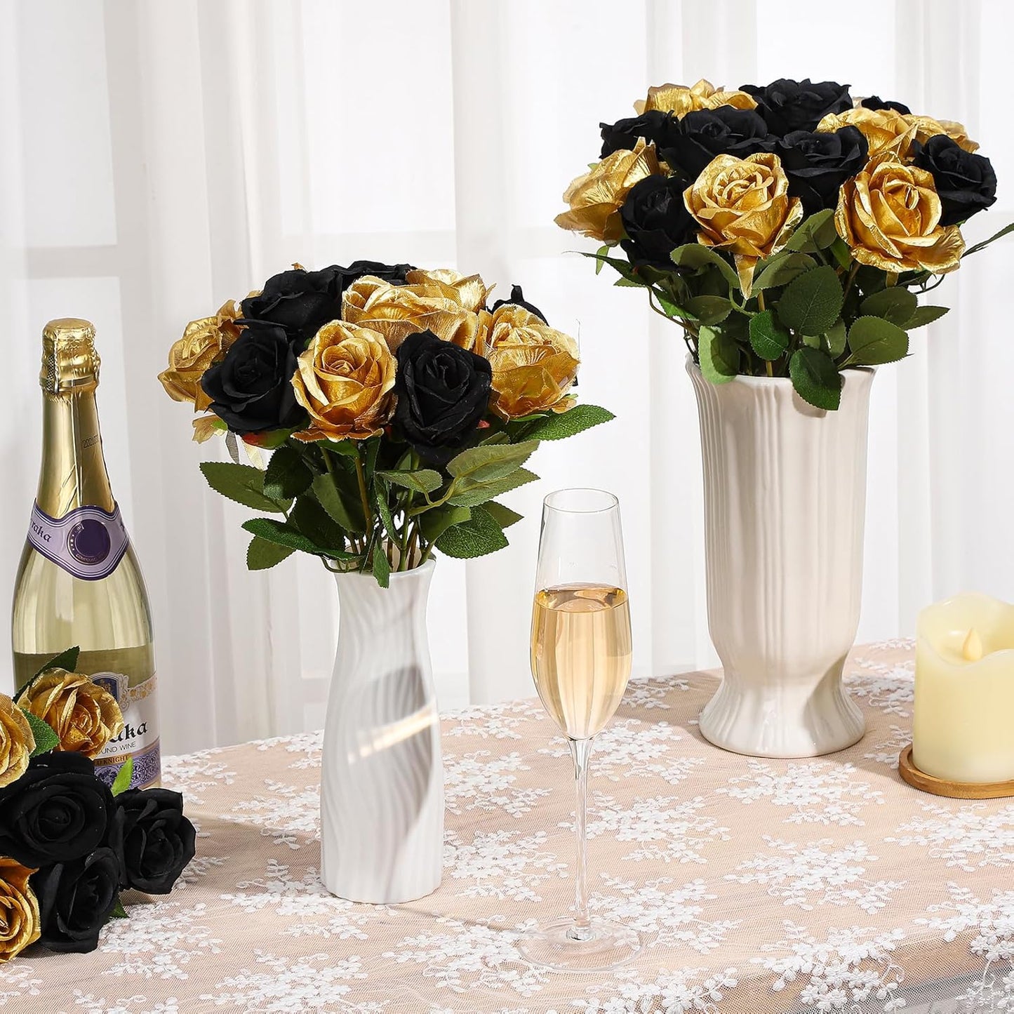 36 Pcs Silk Black Gold Rose Bouquet Bridal Artificial Flowers,Fake Rose Long Stem Realistic Flowers Bulk for Wedding Bouquet Ball Arrangement Centerpiece Party Decor