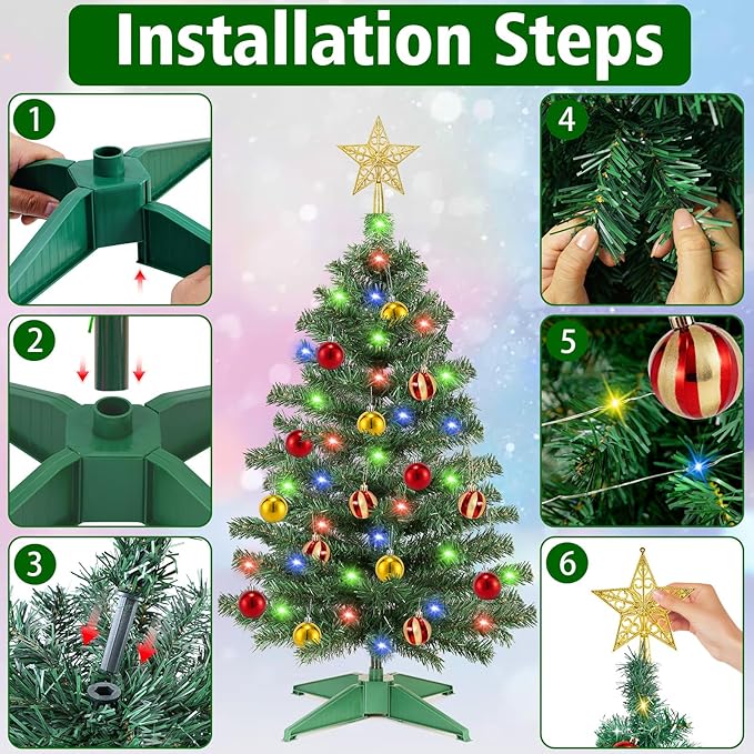 [ 12 Modes & Timer ] 3 Ft Green Small Christmas Tree with 50 LED Lights, 15 Ball Ornaments 3D Star Battery Operated Prelit Christmas Tree Indoor Home Fireplace Holiday Xmas Christmas Decorations