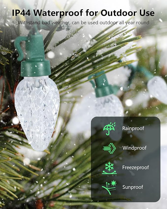 C7 LED Christmas String Lights, 25.16FT 50 LED Connectable Outdoor Indoor Decorative Light Strand, Cool White Xmas Holiday Lights for House, Christmas Tree, Patio, Party Decoration, UL Listed