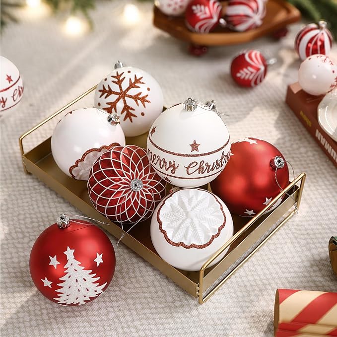 SHareconn 100MM/4 Inch 9PCS Large Christmas Balls Ornaments, Shatterproof Plastic Hanging Big Baubles Set for Xmas Tree Decoration Holiday Party Wedding Decorations with Hook,Red and White