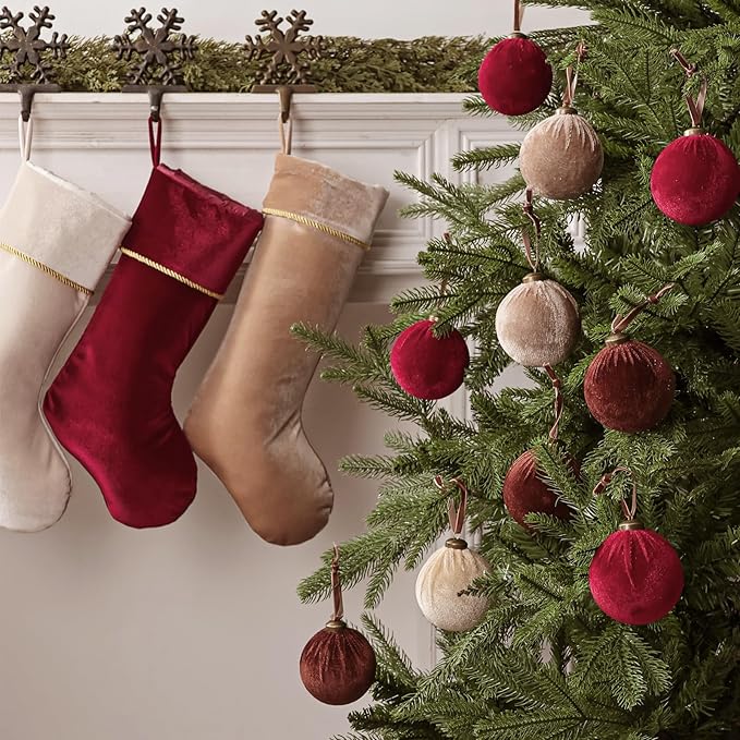 Christmas Decorations Indoor Tree Ornaments: 16pcs Large Red Brown Velvet Christmas Decorations, 3.15" Red Brown Beige Xmas Ball Ornament Decor for Tree Fireplace Garland, Kids Home School Office