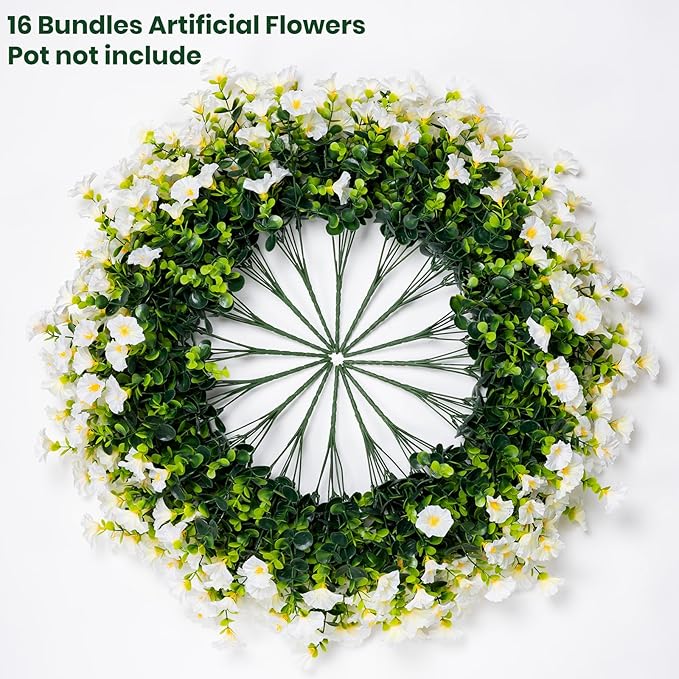 Artificial Faux Flowers for Outdoor 16 Bundles Boxwood Fake Morning Glory for Planter,UV Resistant Fake Flowers for Home Porch Patio Outside（White）
