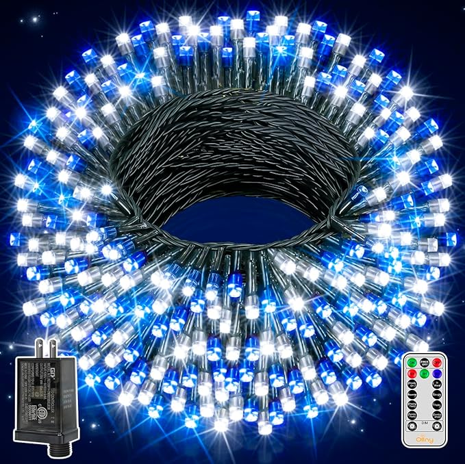 Ollny Christmas Lights Outdoor Indoor Decor, 132FT 400LED Blue & White String Lights 8 Modes Plug in Waterproof, Xmas Fairy Lights with Remote for Tree House Holiday Yard Bedroom Home Party