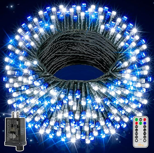 Ollny Christmas Lights Outdoor Indoor Decor, 132FT 400LED Blue & White String Lights 8 Modes Plug in Waterproof, Xmas Fairy Lights with Remote for Tree House Holiday Yard Bedroom Home Party